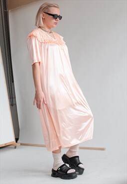 Vintage Short Sleeve Frill Collar Midi Slip Dress in Peach M