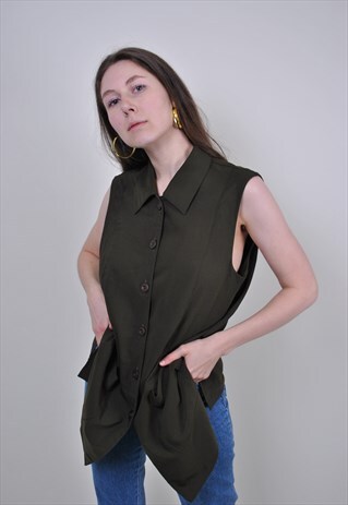 VINTAGE KHAKI GREEN BLOUSE, 90S MINIMALIST SLEEVELES SHIRT