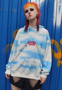 Clouds print hoodie rainbow sky pullover in white blue