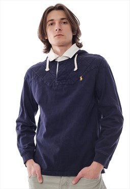 Vintage POLO RALPH LAUREN Rugby Shirt Pullover Hooded Blue  