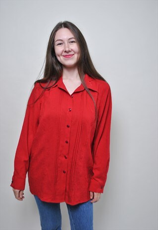 90S BLOUSE FOR WORK, RED COLOR BUTTON UP SHIRT 