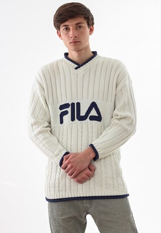 VINTAGE FILA SWEATER V-NECK 90S WHITE BIG LOGO KNITTED