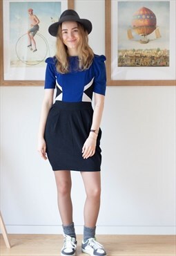 Blue and black geometrical print and shape dress