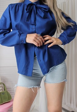 Vintage 1970s Royal Blue Pussy Bow Blouse