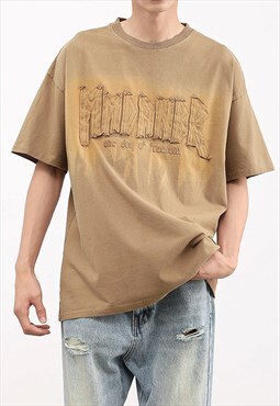 Brown Washed embroidered Cotton oversized T shirt tee