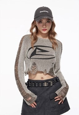 Ripped crop sweater shredded jumper short pullover in grey