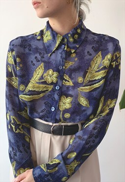Vintage 90's Blue Abstract Floral Button Up Blouse Shirt