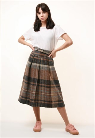 90S VINTAGE WOOL CHECKED MIDI LENGTH SKIRT 894