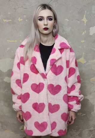 Heart fleece jacket handmade fauxfur heart trench coat pink