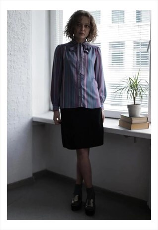 VINTAGE 70'S MULTI COLOUR STRIPED LONG SLEEVE BOW BLOUSE