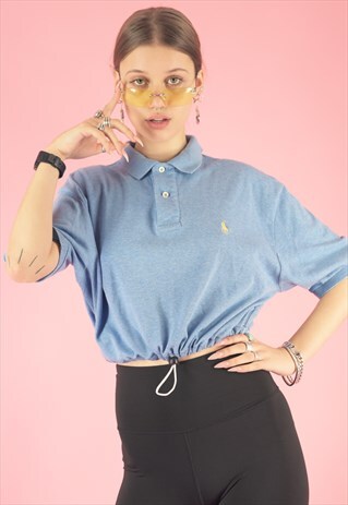 VINTAGE REWORKED RALPH LAUREN CROP TOP POLO IN LIGHT BLUE