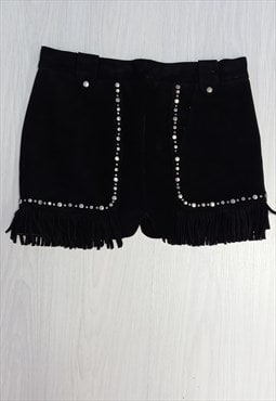 00's Mini Skirt Black Studded Fringe Suede