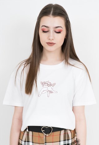 WHITE EMBROIDERED T-SHIRT WITH CHERUBS ANGELS EMBROIDERY