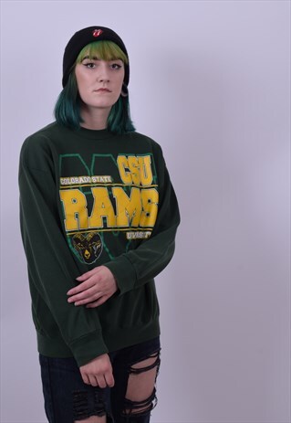 VINTAGE 90'S GREEN USA CSE RAMS VARSITY SWEATER SIZE MEDIUM