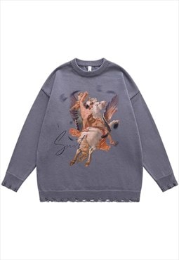 Saint sweater ripped jumper angel print knitted top in grey