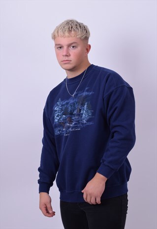 VINTAGE 90'S BLUE WINTER SCENE USA SWEATER SIZE LARGE