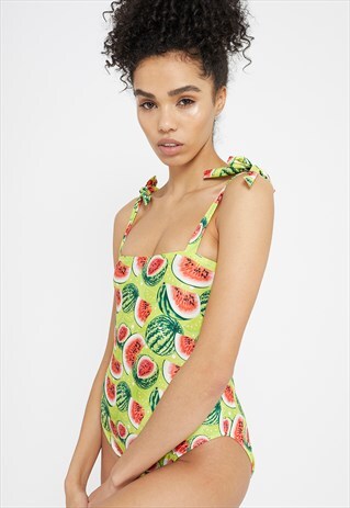 TIE STRAP YELLOW SWIMSUIT IN WATERMELON PRINT