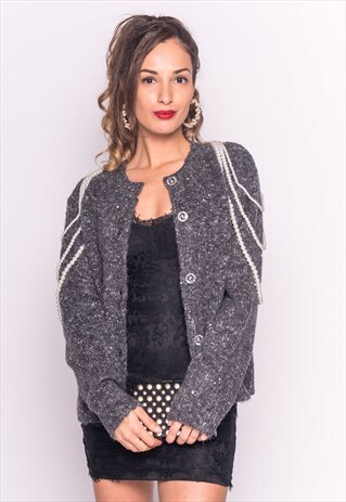 DARK GREY CARDIGAN WITH PEARL CHAIN EMBELLISHMENTS