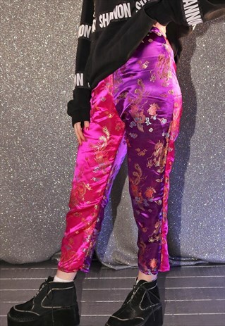 HIGH WAIST DRAGON PRINT TROUSERS IN CONTRAST COLOURS