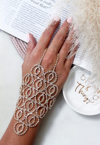 GOLD DIAMANTE RHINESTONE HAND RING BRACELET
