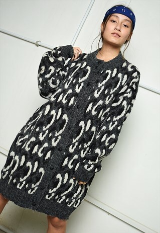 80'S RETRO ABSTRACT PATTERN KNIT OVERSIZED LONGLINE CARDIGAN