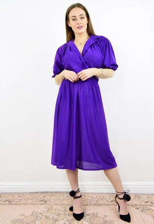 VINTAGE 80S DEEP PURPLE BATWING SLEEVE MIDI DRESS