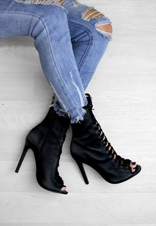 DANIELLE BLACK SATIN VELVET LACE UP HEELED ANKLE BOOTS