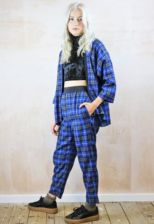 BLUE TARTAN CROP PANTS & KIMONO CO-ORDINATES