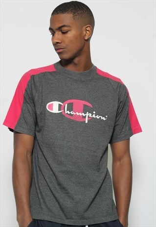 VINTAGE CHAMPION BIG PRINT LOGO T-SHIRT GREY PINK