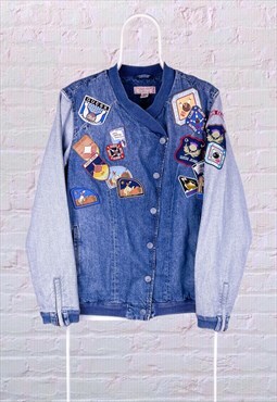 Vintage Guess Jacket Denim Varsity Patch Work Bomber Medium