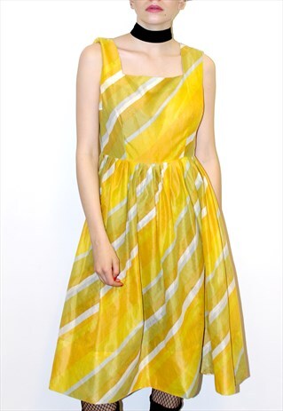 VINTAGE 50'S KNEE LENGTH STRIPE PROM DRESS YELLOW