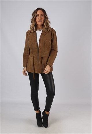 VINTAGE SUEDE LEATHER FITTED JACKET UK 14 BROWN (ELBP)