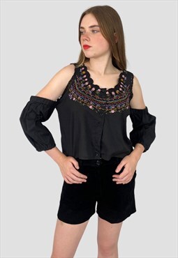 80's Vintage Black Beaded Embroidery Sleeveless Crop Blouse