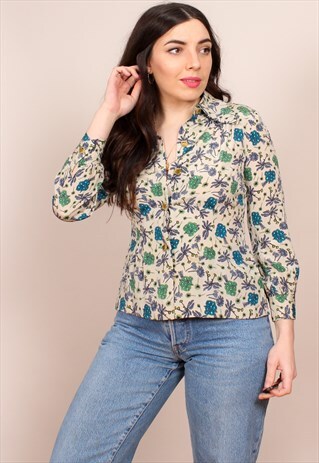 VINTAGE 70S CREAM FLORAL PRINT BLOUSE