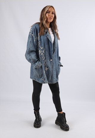 VINTAGE DENIM BLAZER JACKET OVERSIZED ACID WASH LONG (GUAJ)