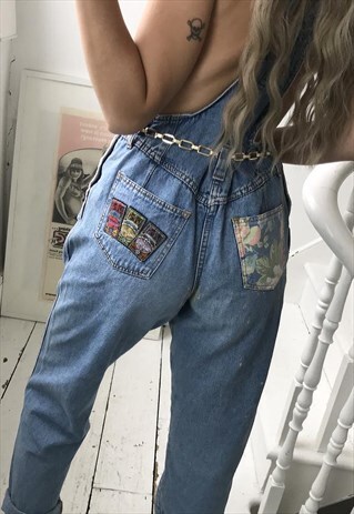 VINTAGE 80S BLUE DENIM DUNGAREES WITH FLORAL DETAIL
