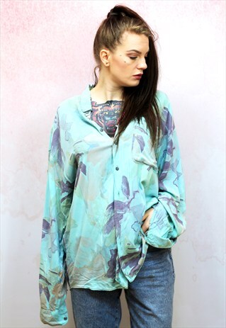 1990S VINTAGE MINT GREEN PASTEL PATTERN LONG SLEEVE SHIRT