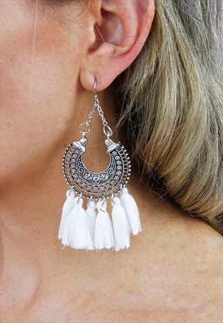 WHITE TASSEL FRINGE DROP CHANDELIER EARRINGS