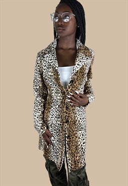 Vintage Y2K Leopard Print Button Pea Coat