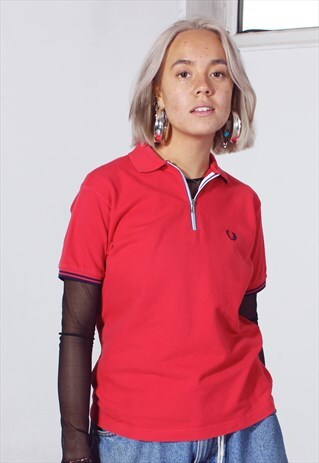 VINTAGE FRED PERRY RED/PINK ZIPPED POLO TEE
