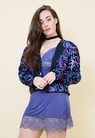 VINTAGE 90S BLACK SEQUINNED CROPPED PARTY FESTIVAL JACKET