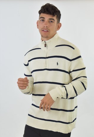 VINTAGE WHITE BLUE STRIPED RALPH LAUREN KNIT JUMPER