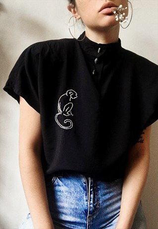 HAND EMBROIDERED BLACK KIMONO SHIRT