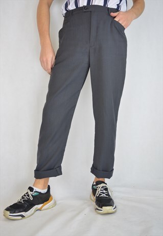 VINTAGE GREY STRIPED CLASSIC STRAIGHT TROUSERS
