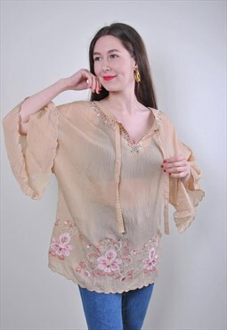 Women vintage beige boho transparent blouse with flowers 