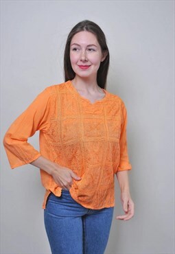 Vintage orange boho blouse, Y2K cotton pullover shirt