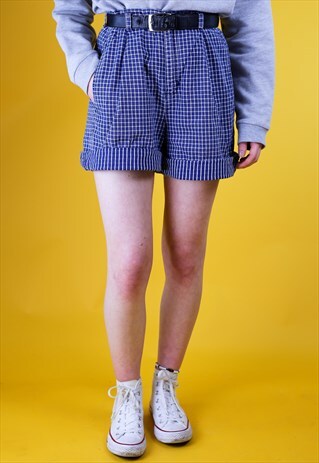 BLUE AND WHITE CHECK DENIM SHORTS