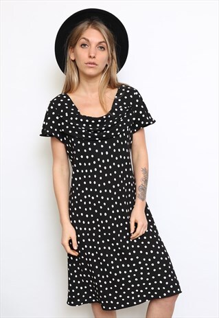 VINTAGE 90S BLACK POLKADOT MIDI DRESS