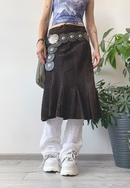 Vintage Y2K 00's Brown Real Leather Pleated Midi Skirt