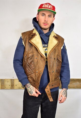 VINTAGE 80S TAN LEATHER SHEARLING CUSTOM GILET JACKET